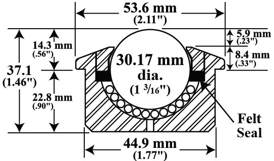 (image for) Ball Transfer; 1-3/16"; Nylon Ball; Machined steel Drop-in Base (1-3/4" x 15/16"); Carbon Steel; 770#; 9/16" Load Height; Weep Hole(s) (Item #88174)