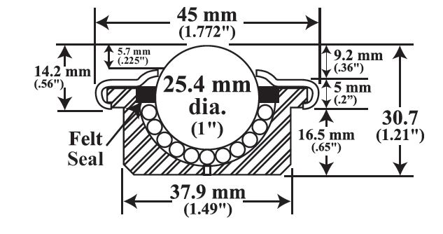 (image for) Ball Transfer; 1"; Nylon Ball; Round Drop-in Base (1-1/2" x 11/16"); Machined Steel Housing; 440#; 9/16" Load Height; Weep Hole(s) (Item #88169)