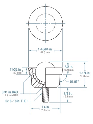 (image for) Ball Transfer; 1" Nylon ball; Round Machined base with Threaded Stud; 5/16"-18TPI x 3/4"; Carbon steel housing; 1-11/16" O.D.; 200#; 5/8" load height (Item #88834)
