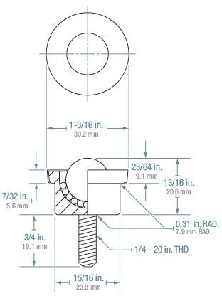 (image for) Ball Transfer; 5/8" Nylon ball; Round Machined base with Threaded Stud; 1/4"-20TPI x3/4"; Carbon steel housing; 15/16" O.D.; 125#; 3/8" load height (Item #88562)