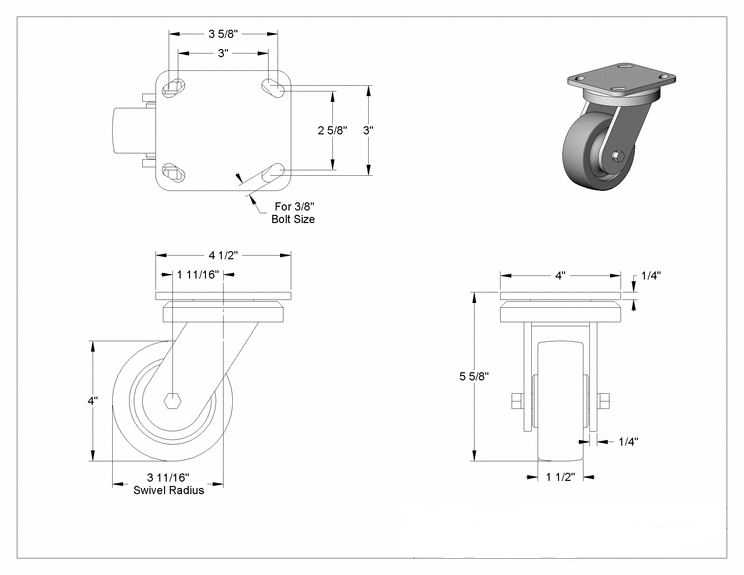 (image for) Caster; Swivel; 4" x 1-1/2"; Phenolic; Plate; 4"x4-1/2"; holes: 2-5/8"x3-5/8" (slots to 3"x3"); 3/8" bolt; Zinc; Roller Brng; 600# (Item #68779)