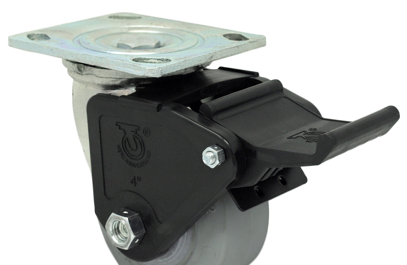 Caster; Swivel; 6" x 2"; Phenolic; Plate (4"x4-1/2"; holes: 2-5/8"x3-5/8" slots to 3"x3"; 3/8" bolt); Zinc; Roller Brng; 1200#; Pedal Wheel brake (Item #63980) Caster; Swivel; 6" x 2"; Phenolic; Plate (4"x4-1/2"; holes: 2-5/8"x3-5/8" slots to 3"x3"; 3/8" bolt); Zinc; Roller Brng; 1200#; Pedal Wheel brake (Item #63980)